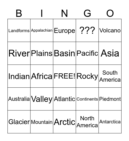 Landforms Bingo Card