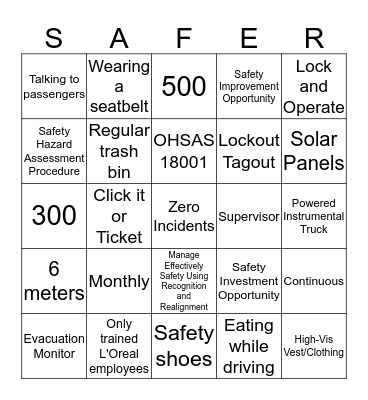 Safety 1st Bingo Card