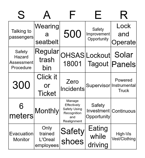 Safety 1st Bingo Card