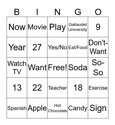 ASL Unit 2 Vocabulary Bingo Card