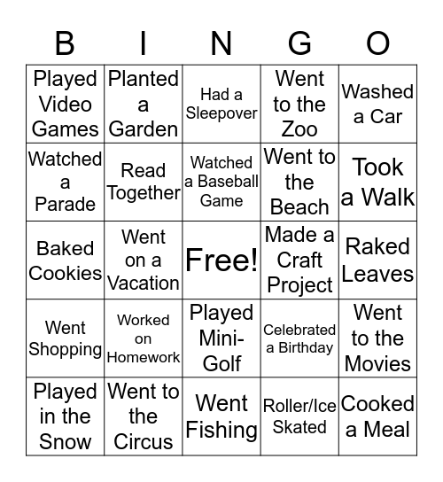 Things We've Done Together Bingo Card