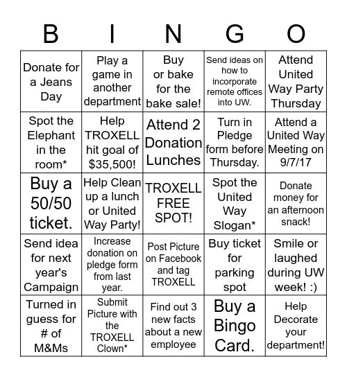 TROXELL United Way Bingo 2017 Bingo Card
