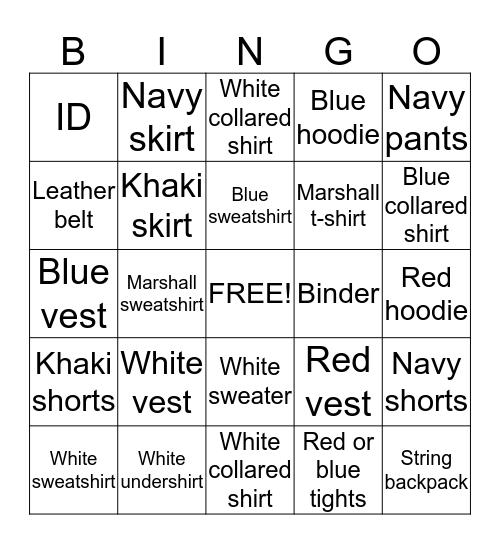 Marshall Uniform Bingo Card