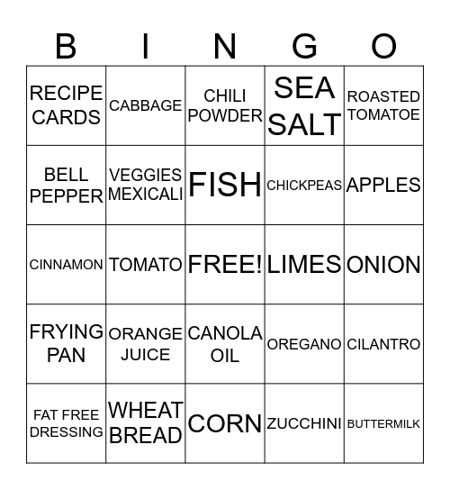 United HealthCare Cooking Bingo Card
