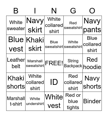 Marshall Uniform Bingo Card