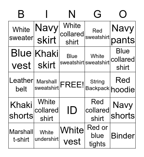 Marshall Uniform Bingo Card