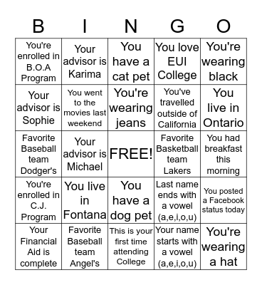 UEI College Bingo Card