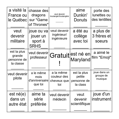 Find Someone Who...Trouve quelqu'un qui... Bingo Card