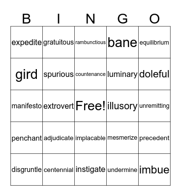 English 10  Bingo Card
