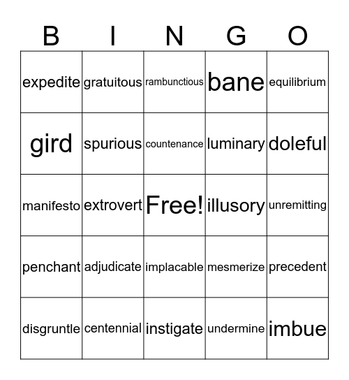 English 10  Bingo Card