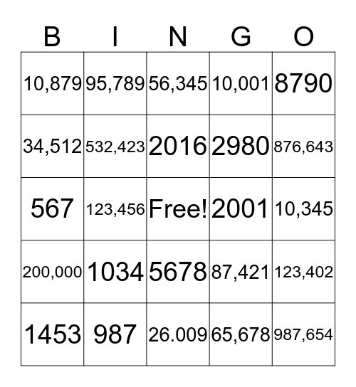 NUMBER BINGO Card