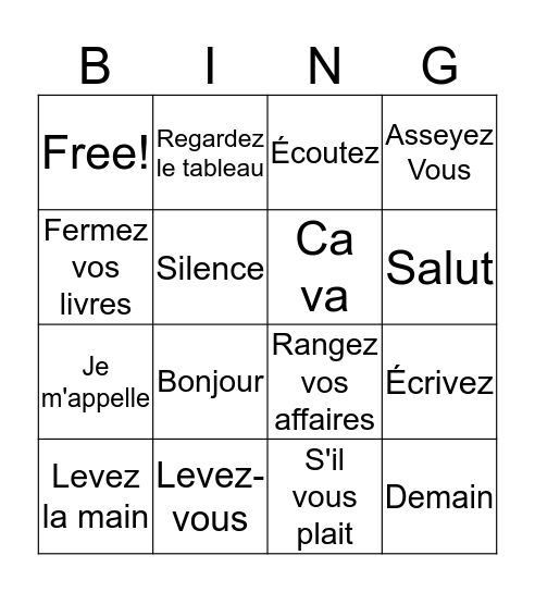 La langue employÉe en class Bingo Card