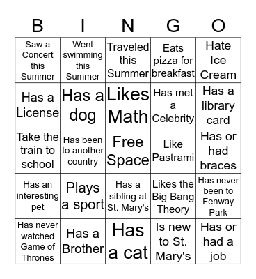 Getting to Know You Bingo Card