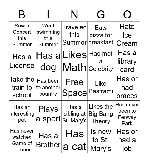 Getting to Know You Bingo Card