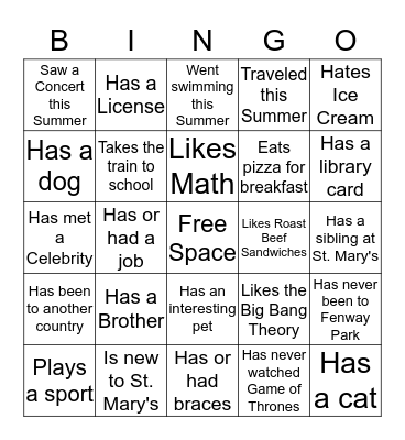 Getting to Know You Bingo Card