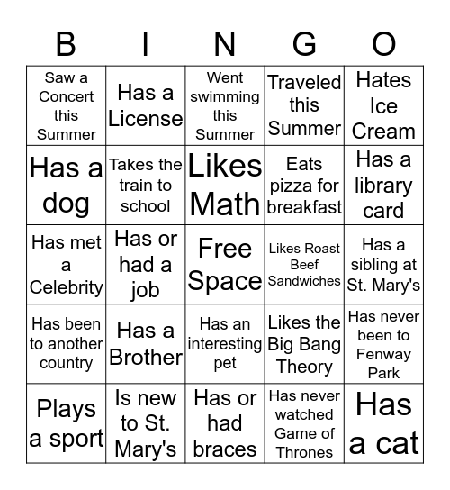 Getting to Know You Bingo Card