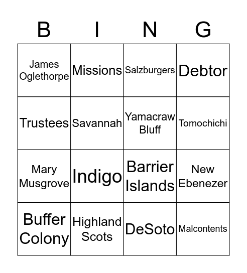 Georgia's Beginnings and Colonization Bingo Card