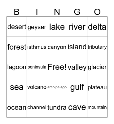 Landform Bingo Card