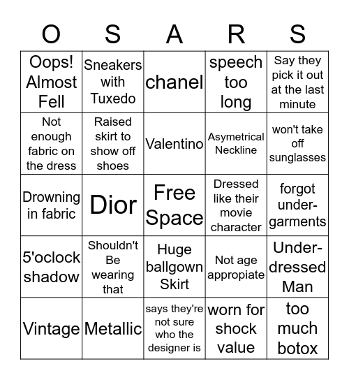 HollyWood Oscars Bingo Card