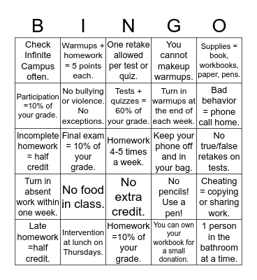 French Course Expectations Bingo Card