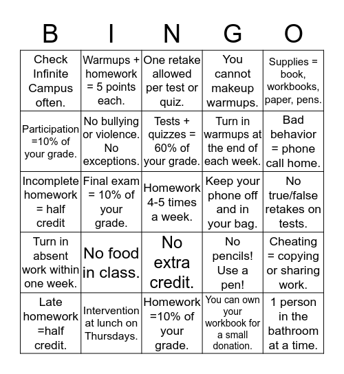 French Course Expectations Bingo Card