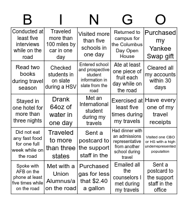 Travel Bingo - Fall 2017 Bingo Card