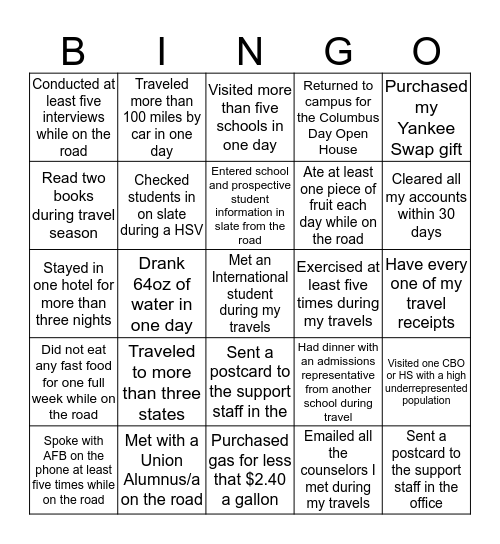 Travel Bingo - Fall 2017 Bingo Card