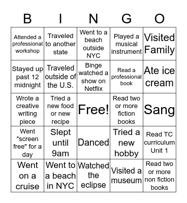 What I Did Over the Summer Bingo Card
