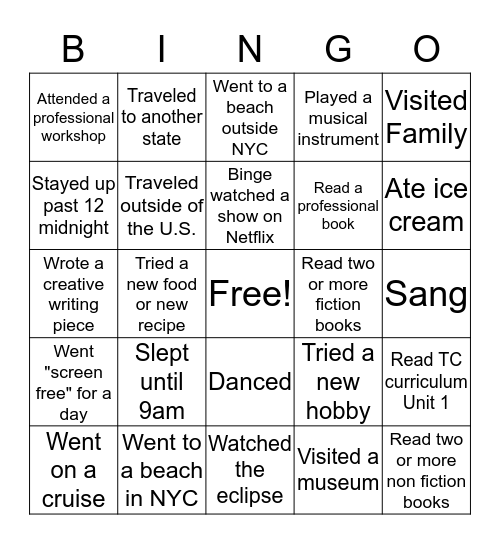 What I Did Over the Summer Bingo Card