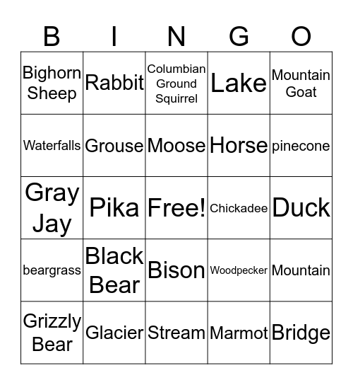 Glacier Park Bingo Card