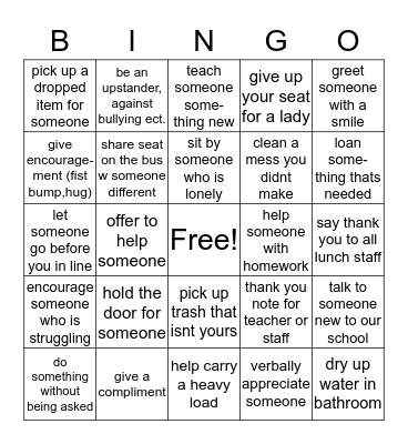 random acts of kindness Bingo Card