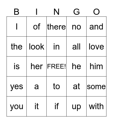 Sight Words Bingo Card