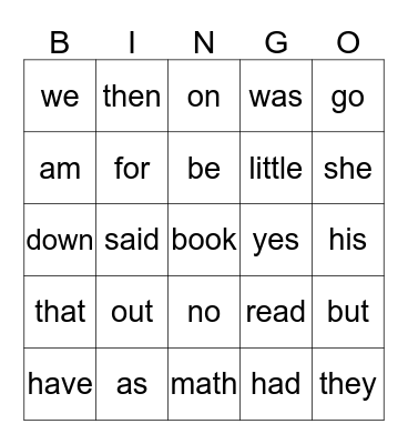 Sight Words- Part 2 Bingo Card