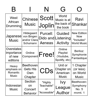 Music Appreciation Text Bingo Card
