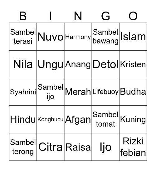 BINGO CACI MAKI Bingo Card