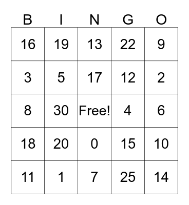 Number Bingo Card