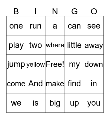 Sight Words Bingo Card