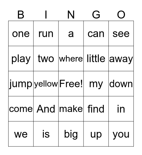 Sight Words Bingo Card