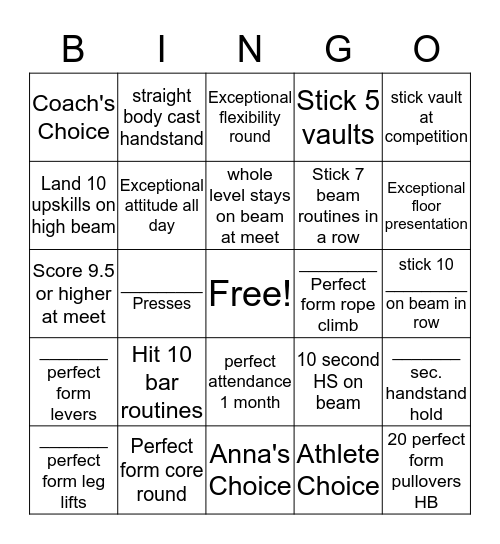 GYMNASTICS BINGO Card