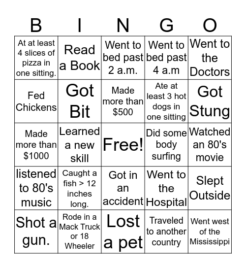 What We Did this Summer Bingo Card