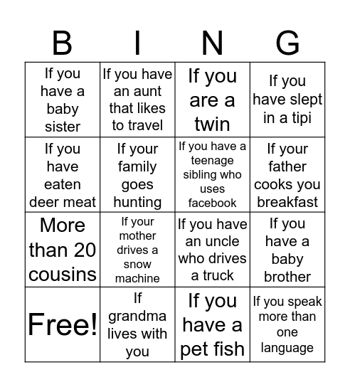 Our Families Bingo Card