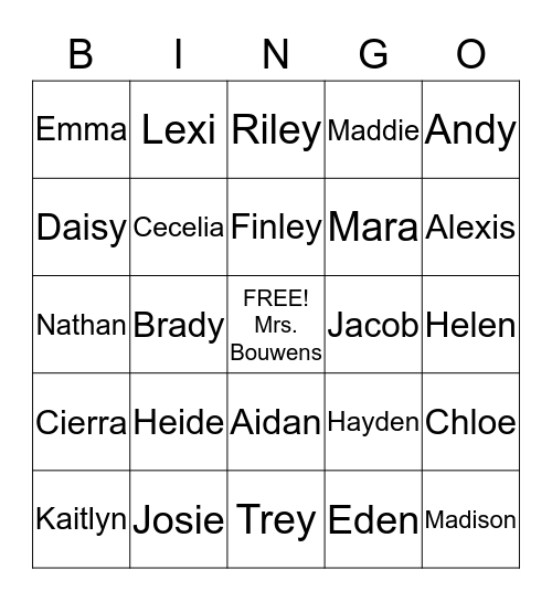 1B Name Bingo Card
