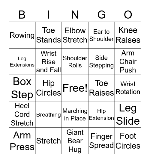 Matter of Balance Exercises Bingo Card