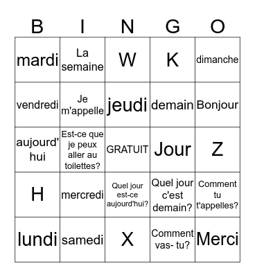 Les jours de la semaine  Bingo Card