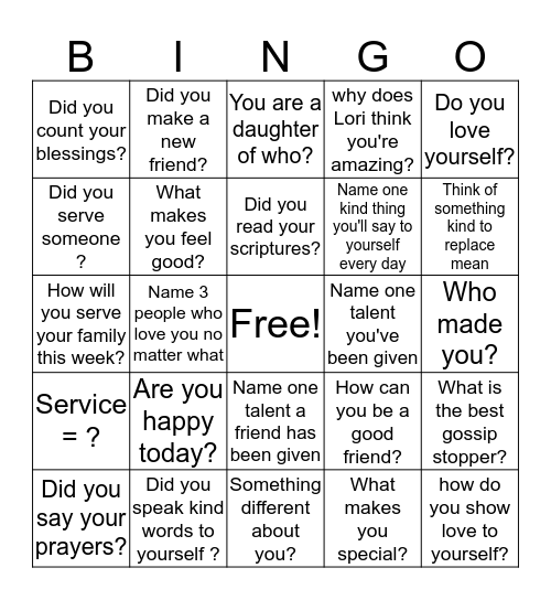I Am A Daughter of God!! Bingo Card