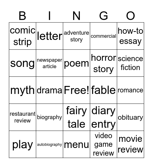 Writer's Workshop Choices Bingo Card
