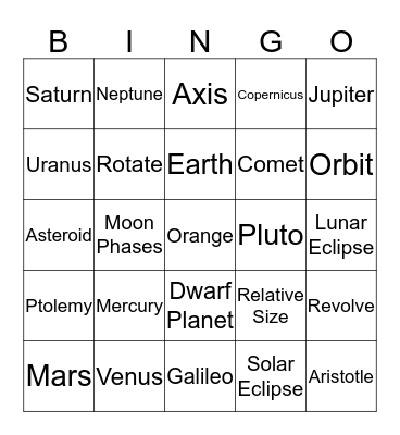 4.7 Solar System/4.8 Sun, Moon, and Earth Bingo Card