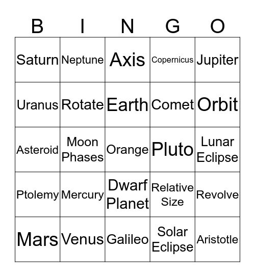 4.7 Solar System/4.8 Sun, Moon, and Earth Bingo Card
