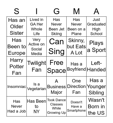 Fall Rush 2013 Bingo Card