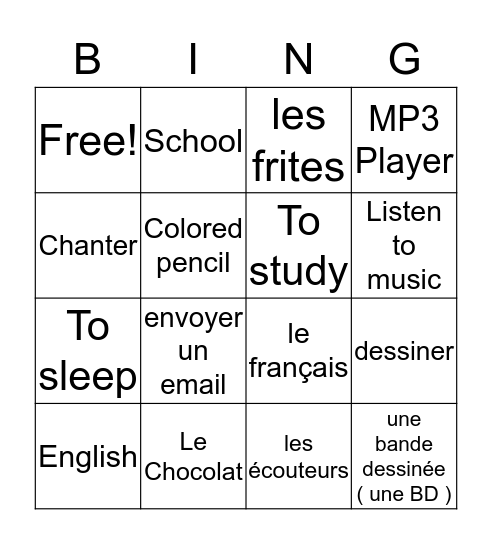 English to French Bingo Card